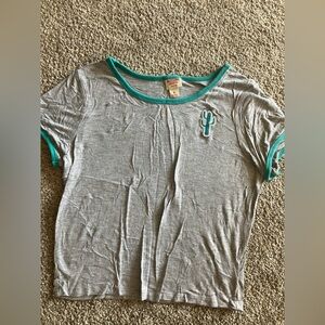 H&M Heather Gray Tee with Green Trim and Cactus Embroidery